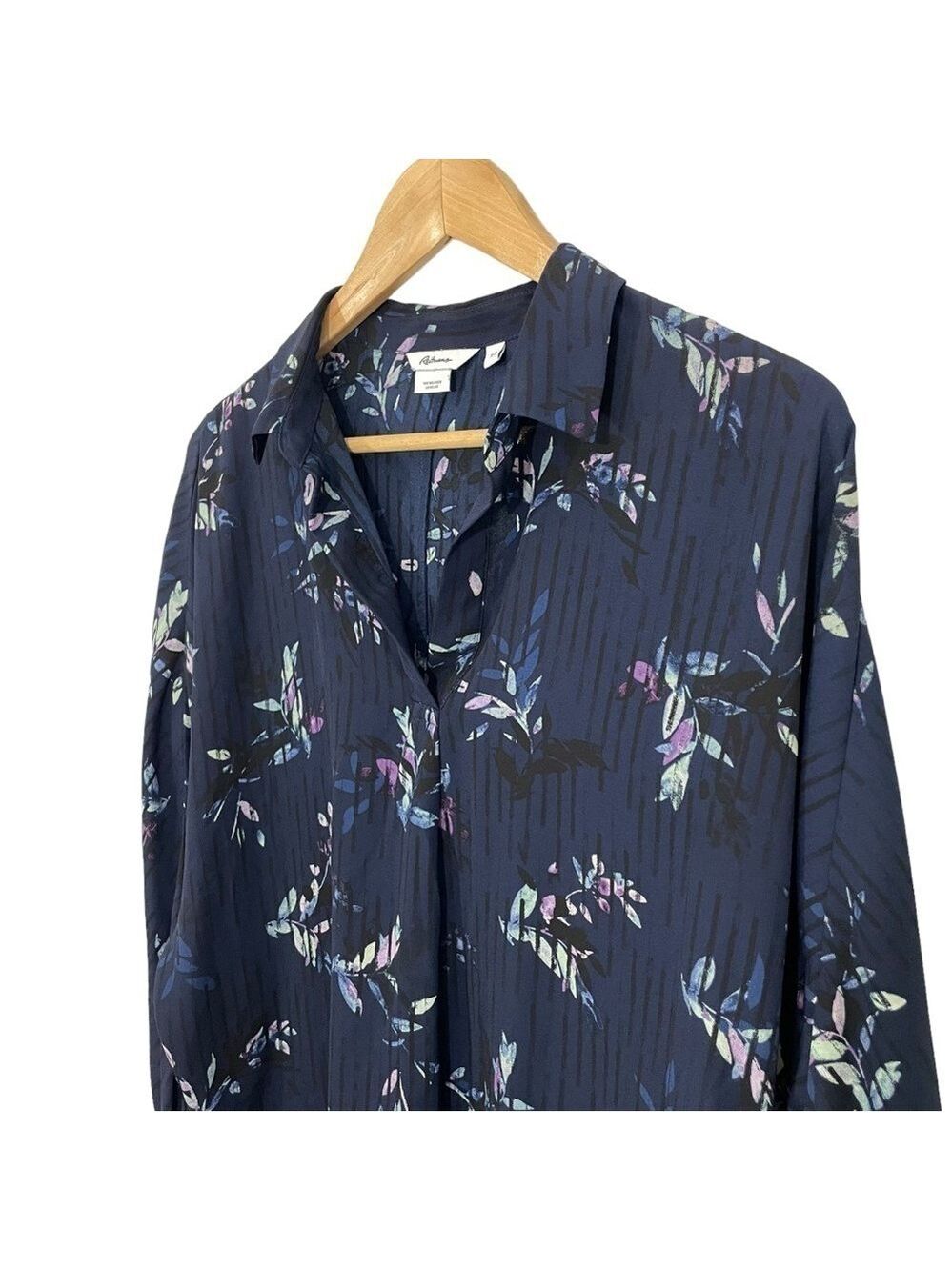 Reitmans Floral Popover Blouse Sz S Navy Blue Casual Low Wrinkle Shirt Top EUC
